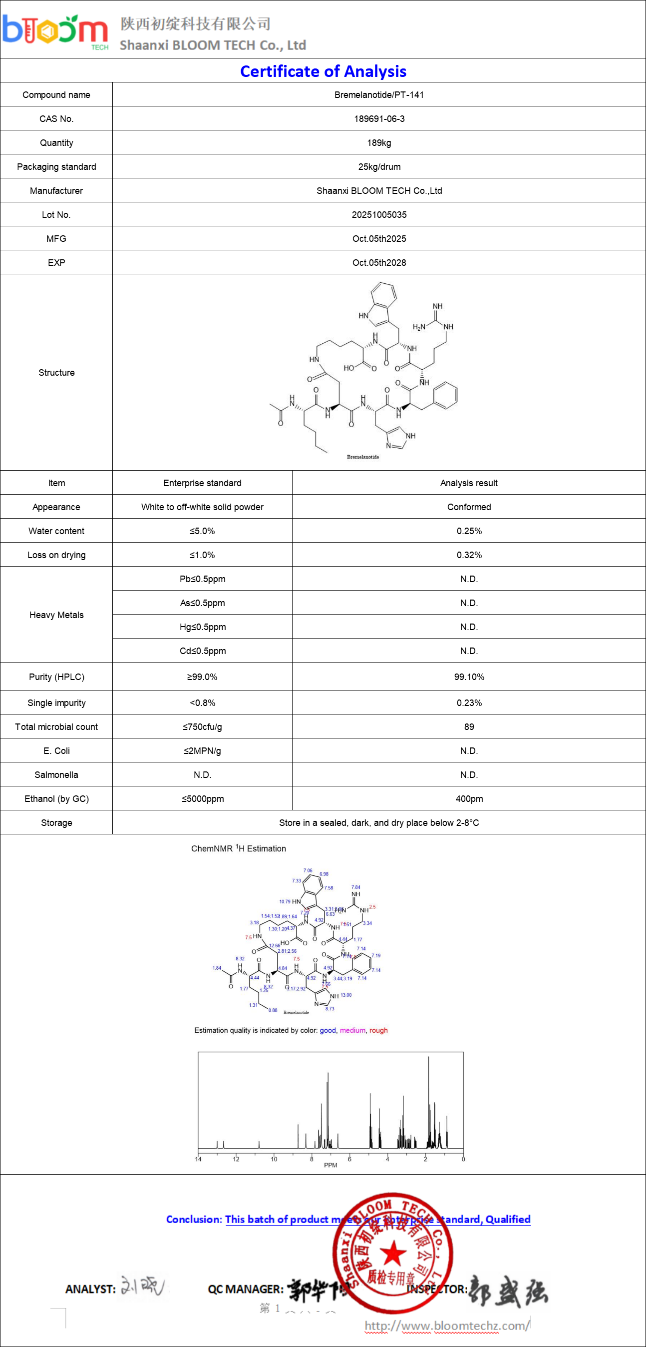 PT 141 COA | Shaanxi BLOOM Tech Co., Ltd PT 141 COA | Shaanxi BLOOM Tech Co., Ltd
